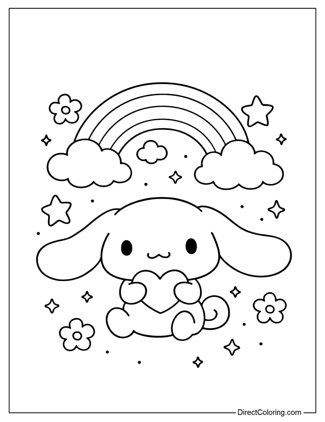 A cute Cinnamoroll sitting and holding a heart, with a rainbow and clouds above, surrounded by stars and small flowers.