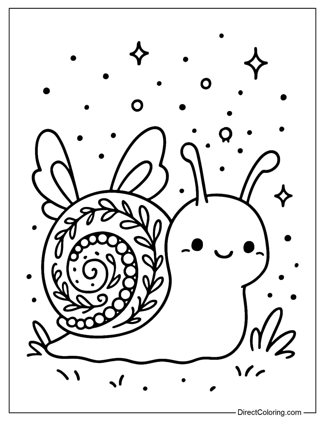 Coloring page Snail has small wings like a fairy, shell covered with pearls and mythical patterns.