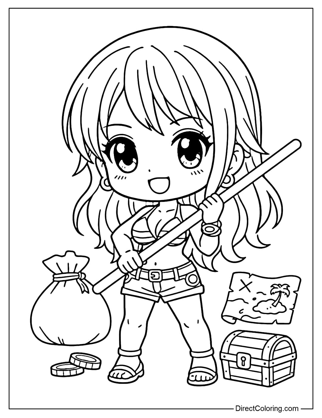 Cute chibi version of Nami with a big head, holding a staff, with a treasure chest and map beside her.