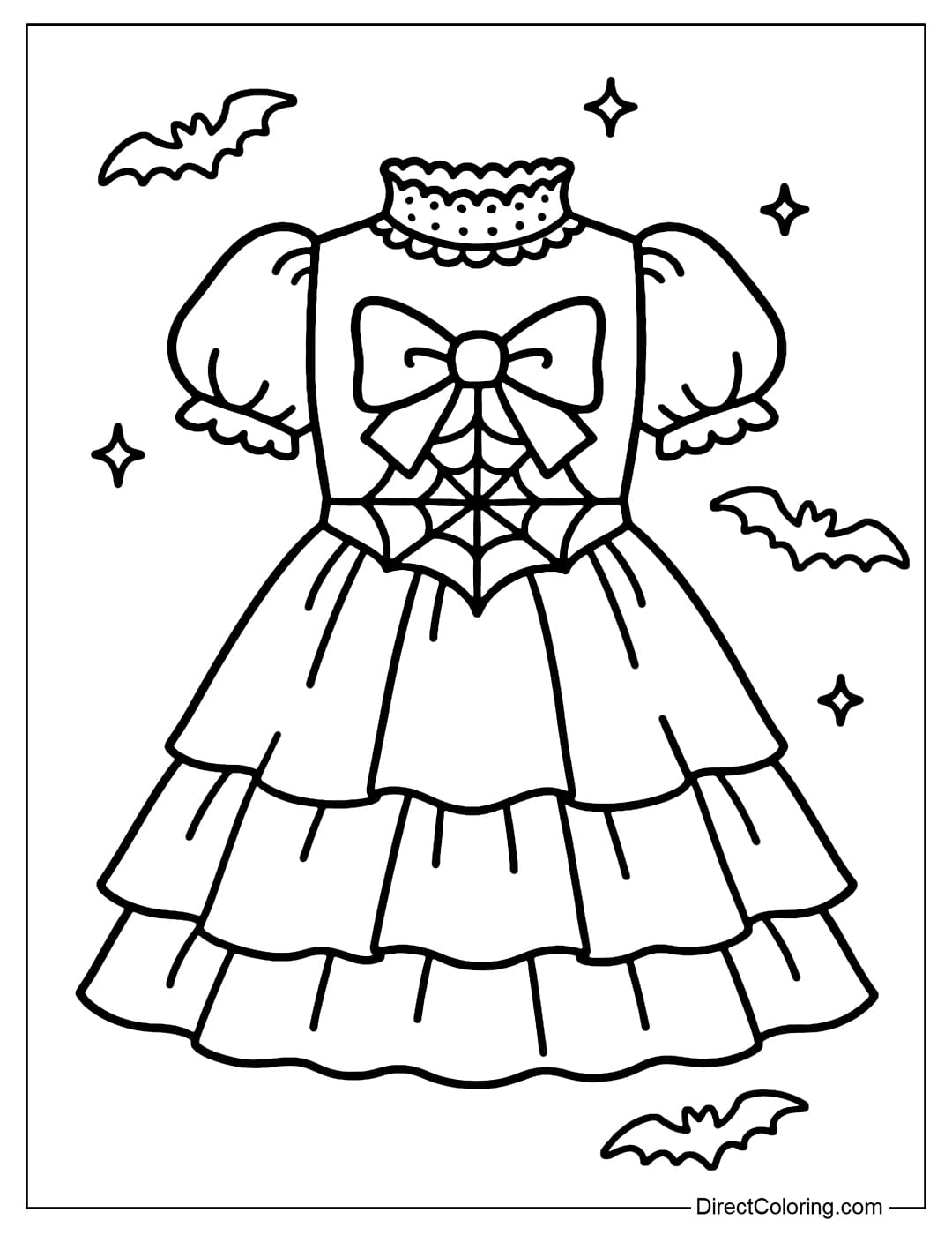 Cute gothic lace dress coloring page, slightly puffed sleeves, a large bow and spider web pattern on the body of the dress, and a tiered skirt.