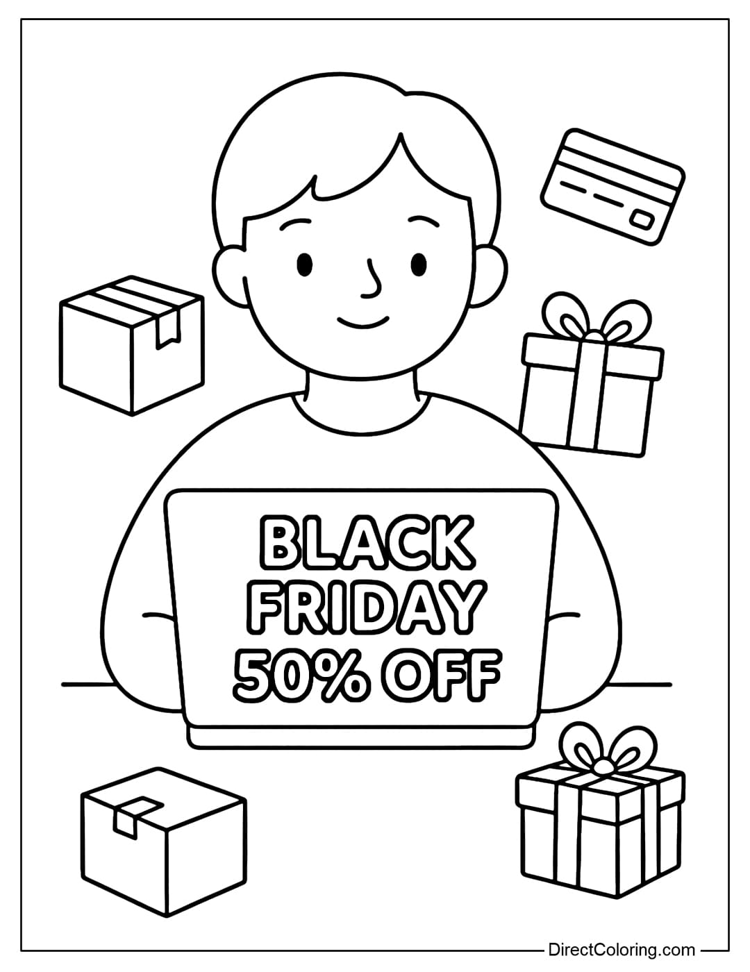 A coloring page of a person sitting in front of a laptop, the screen showing Black Friday 50% OFF.