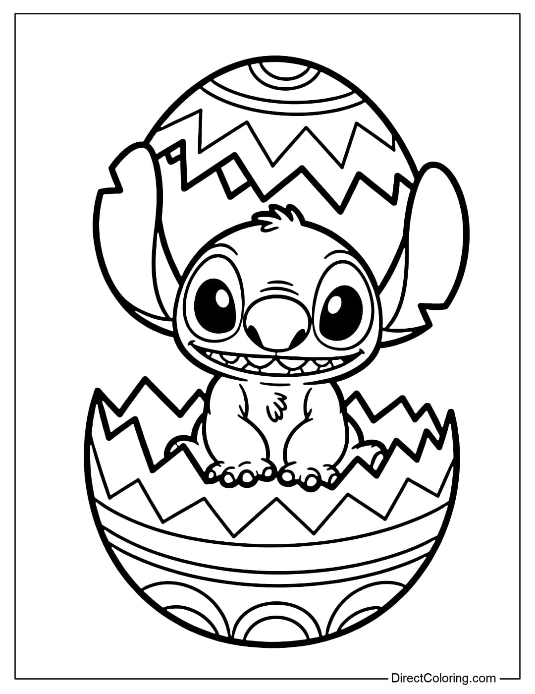 Stitch is sitting inside a large, cracked Easter egg.