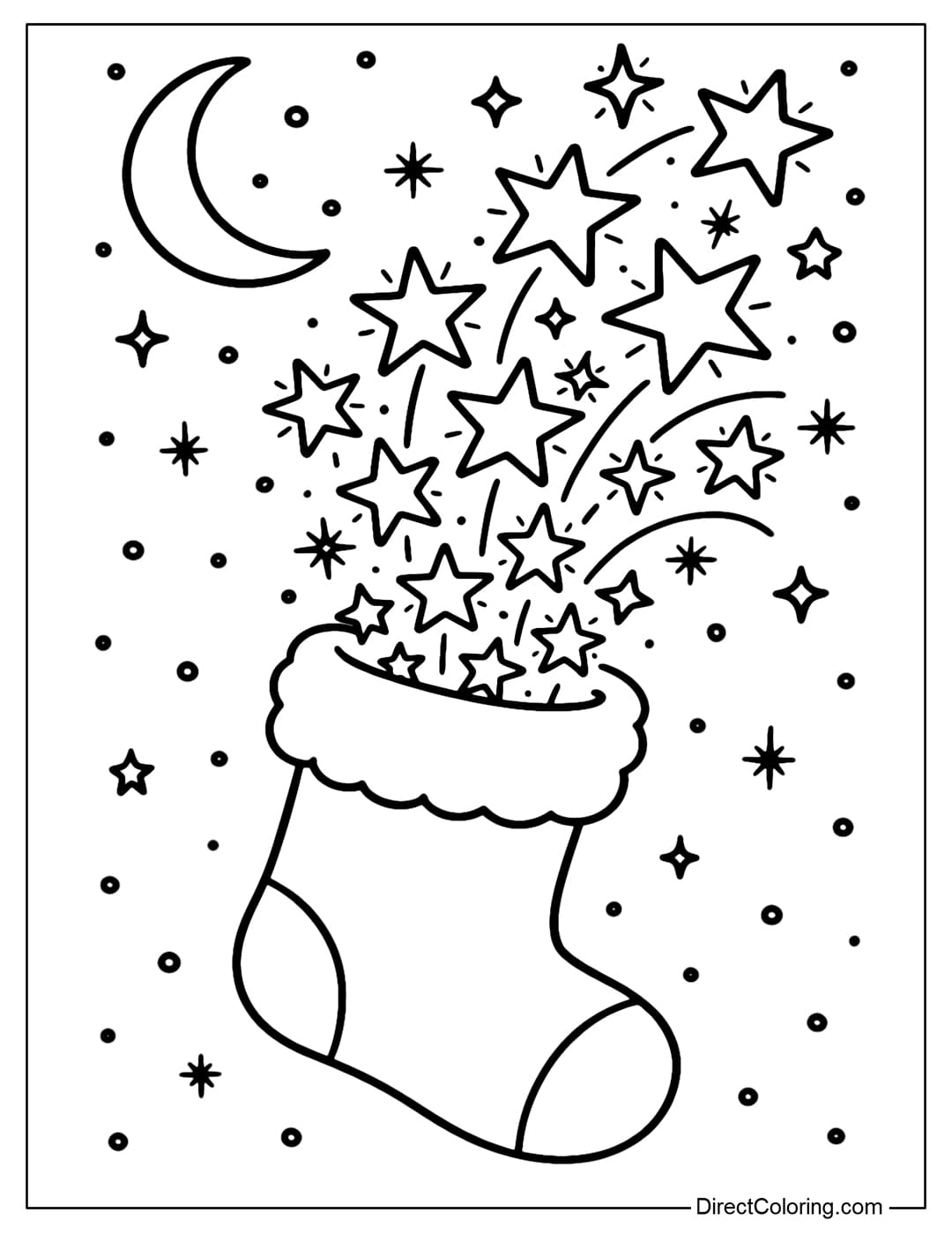 Stocking Full of Stars Coloring Page Coloring Page The stocking is filled with shining stars, flying out in a shimmering starry sky on Christmas night.