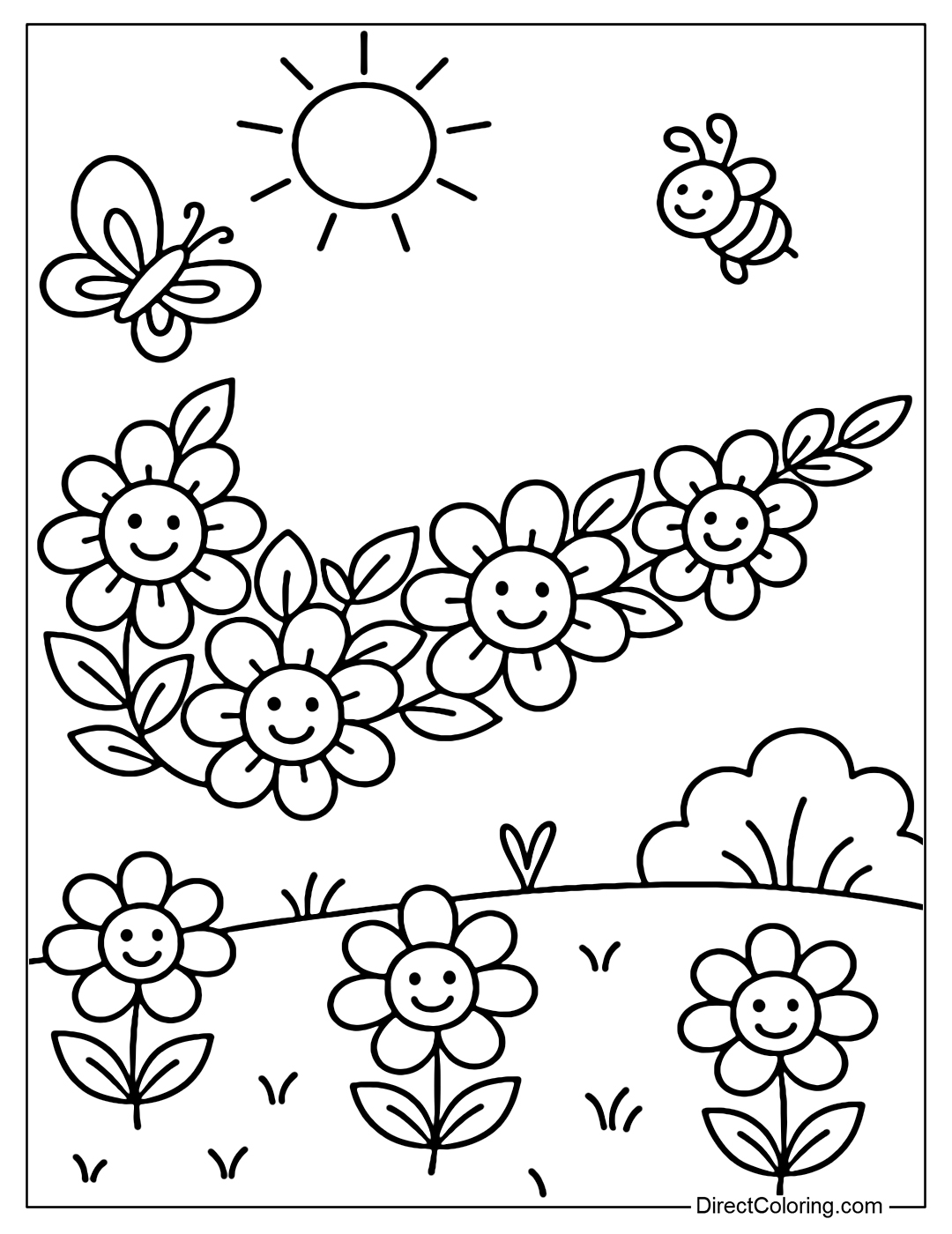 A Nike logo coloring page made up of smiling flowers, funny smiles and small leaves. The background is a mini garden with flying butterflies, bees sucking nectar and chirping birds.