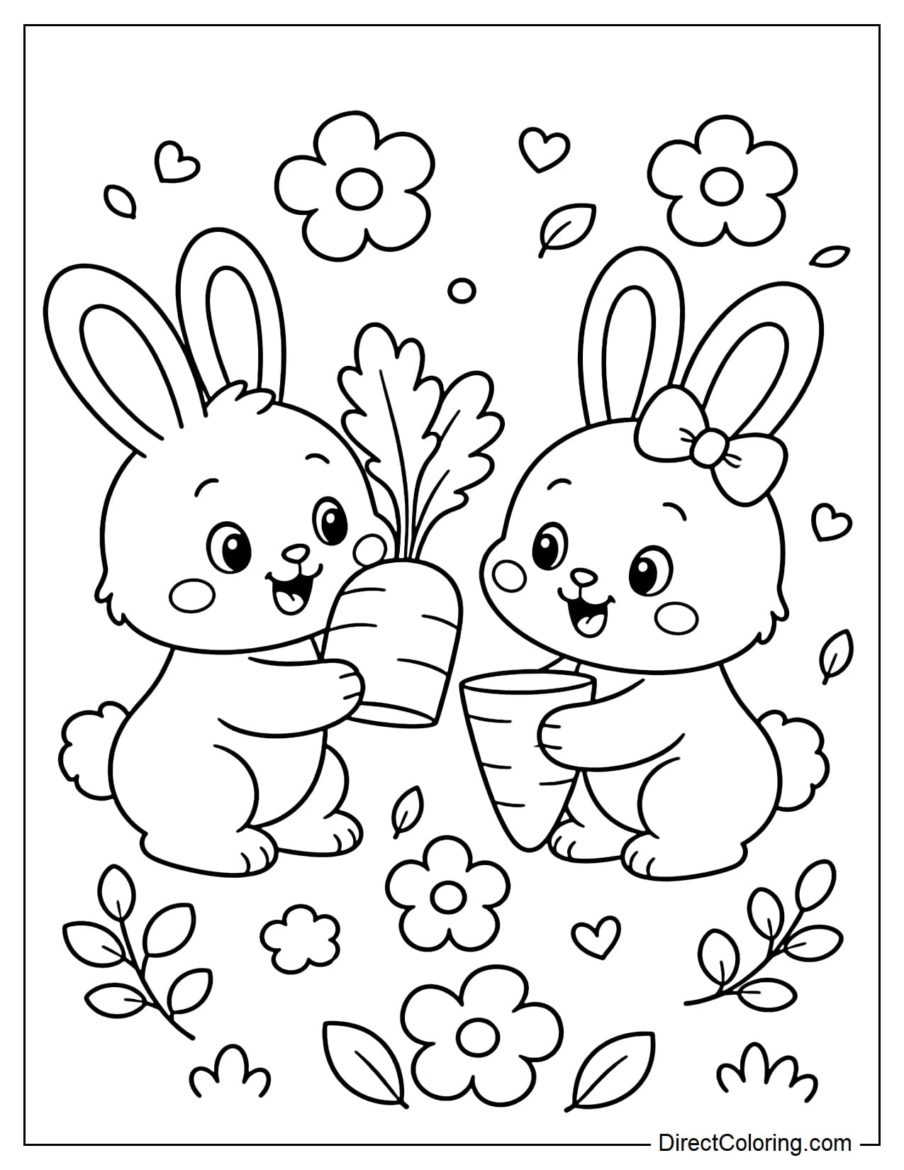 A little bunny is sharing a carrot with another bunny with a happy expression, surrounded by small flowers and leaves.