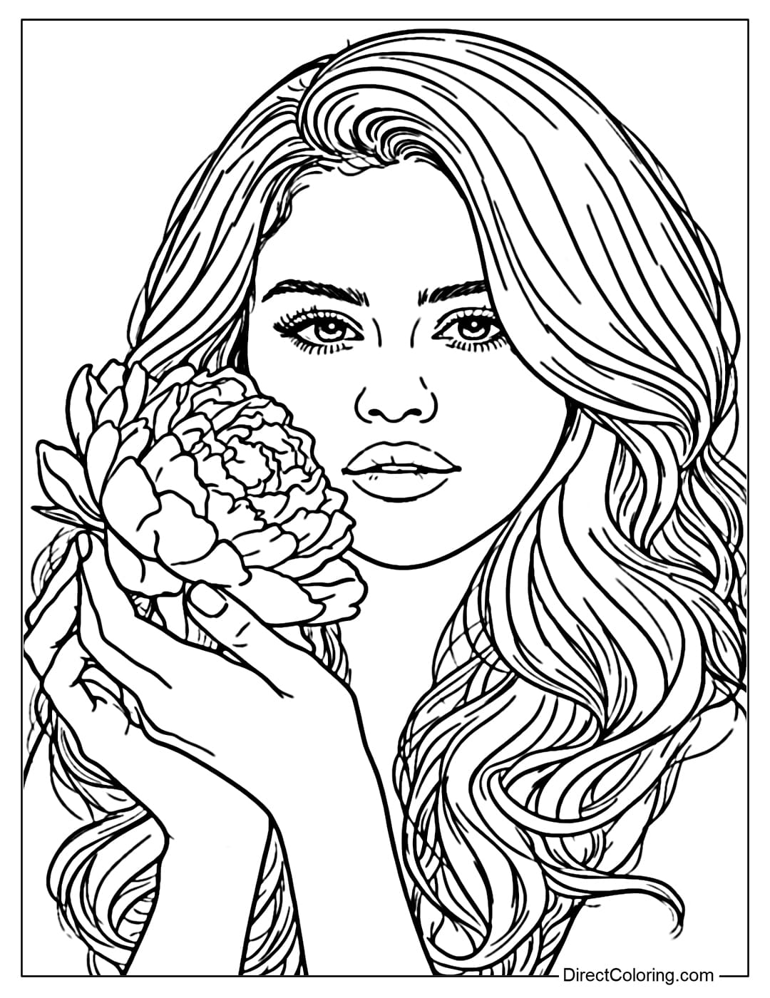 Coloring page of the beautiful Selena Gomez holding a large flower, with her soft hair flowing and a gentle gaze.