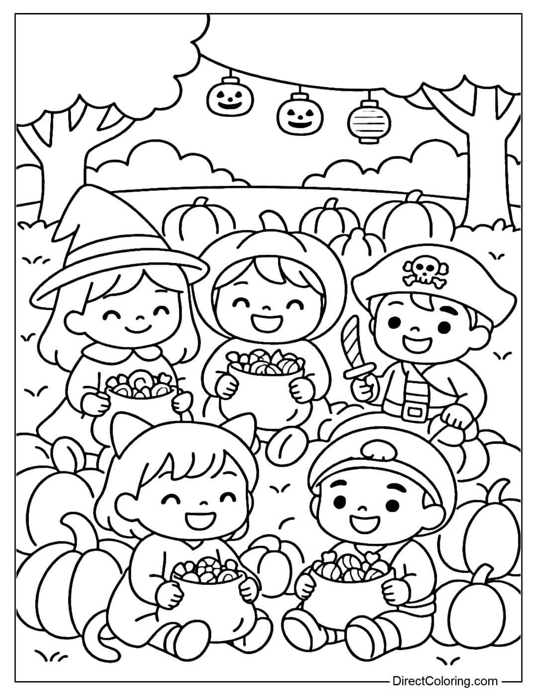A coloring page of a pumpkin field with many children playing in costumes, each holding a bag full of candy.