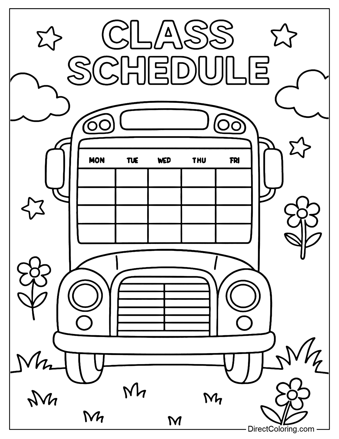 A yellow bus schedule coloring page that guides you through each subject.