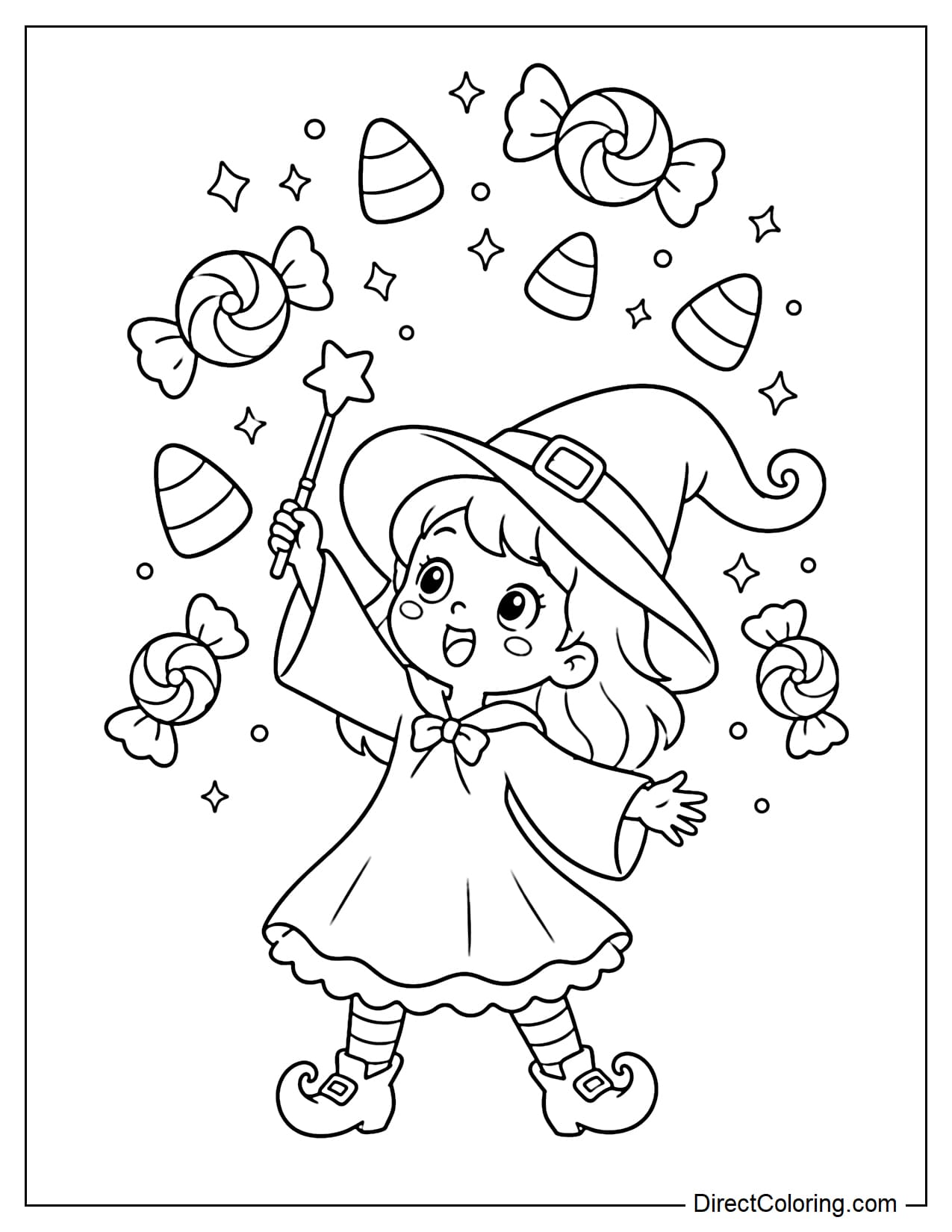 A little witch holds up her wand, happily making large Halloween candies float in an arc around her.