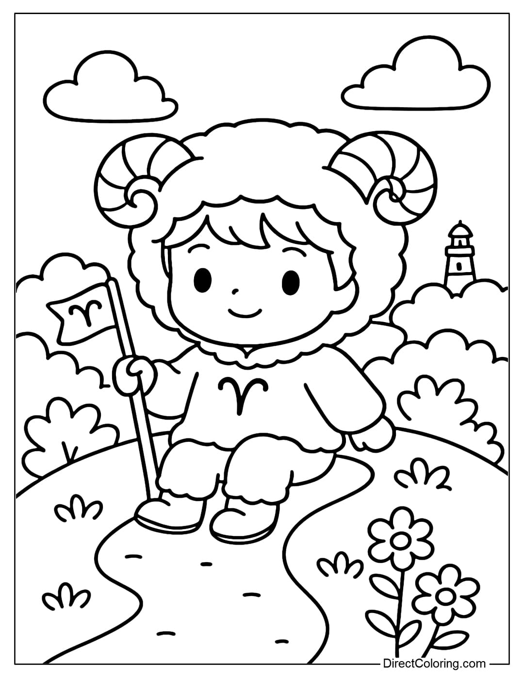 A lovely Aries coloring page wearing a white sheep's coat, a curved horned hat, and a hiking stick, is adventuring on a rounded mountain path.
