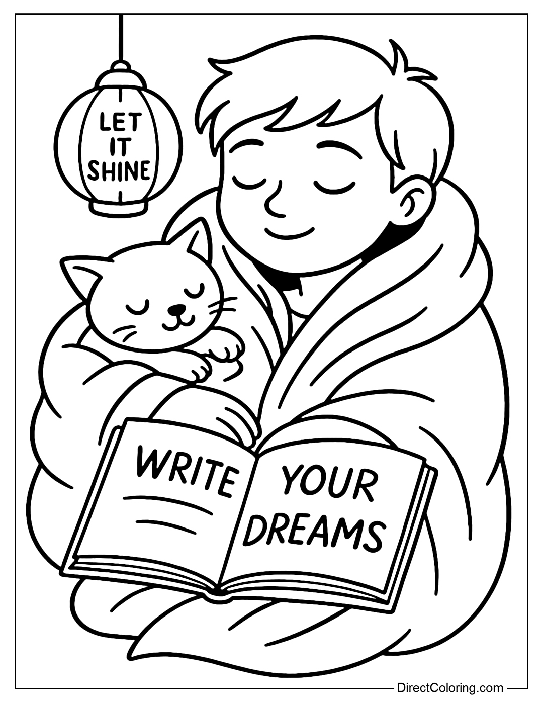 Coloring page of a young person holding a blanket and a pet, an open book with the words 