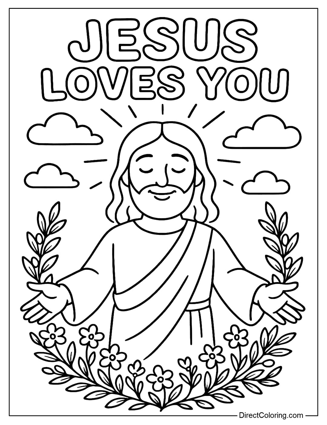 Jesus Coloring Page smiling gently, standing in a wreath of wildflowers and olive leaves, arms open, above the words JESUS ​​LOVES YOU.