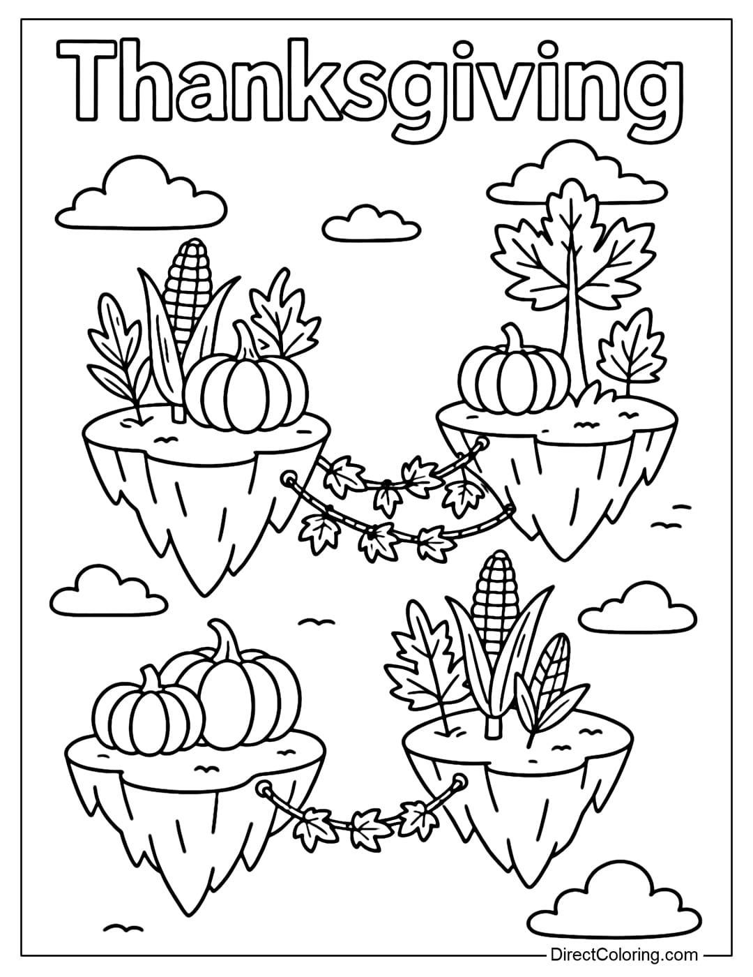 A coloring page of floating islands in the sky, covered with corn, pumpkins and red-leafed trees, connected by a rope bridge made of maple leaves.