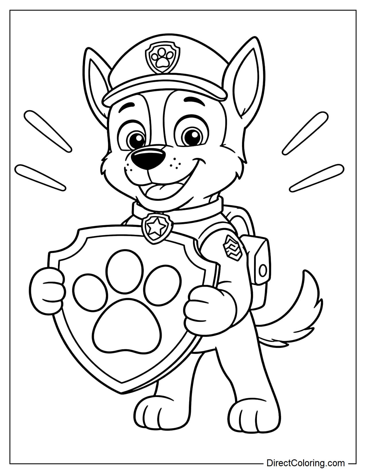 Chase hugs a giant paw-shaped badge while standing proudly, with curved rays shining behind him.