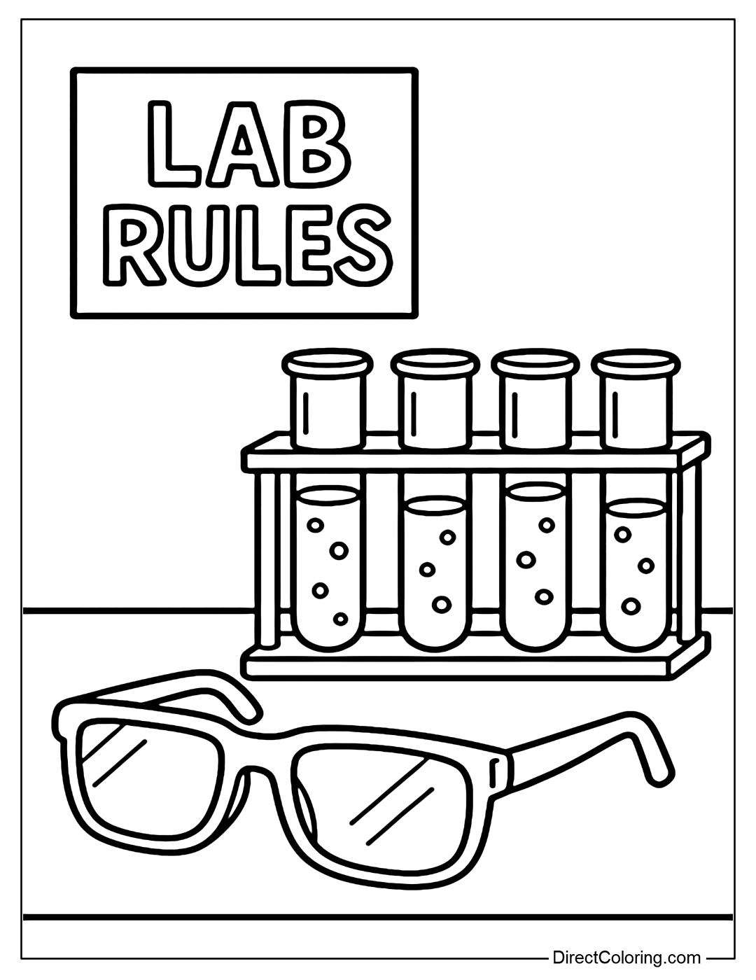 Coloring page of a simple experiment corner with test tubes, goggles and a 