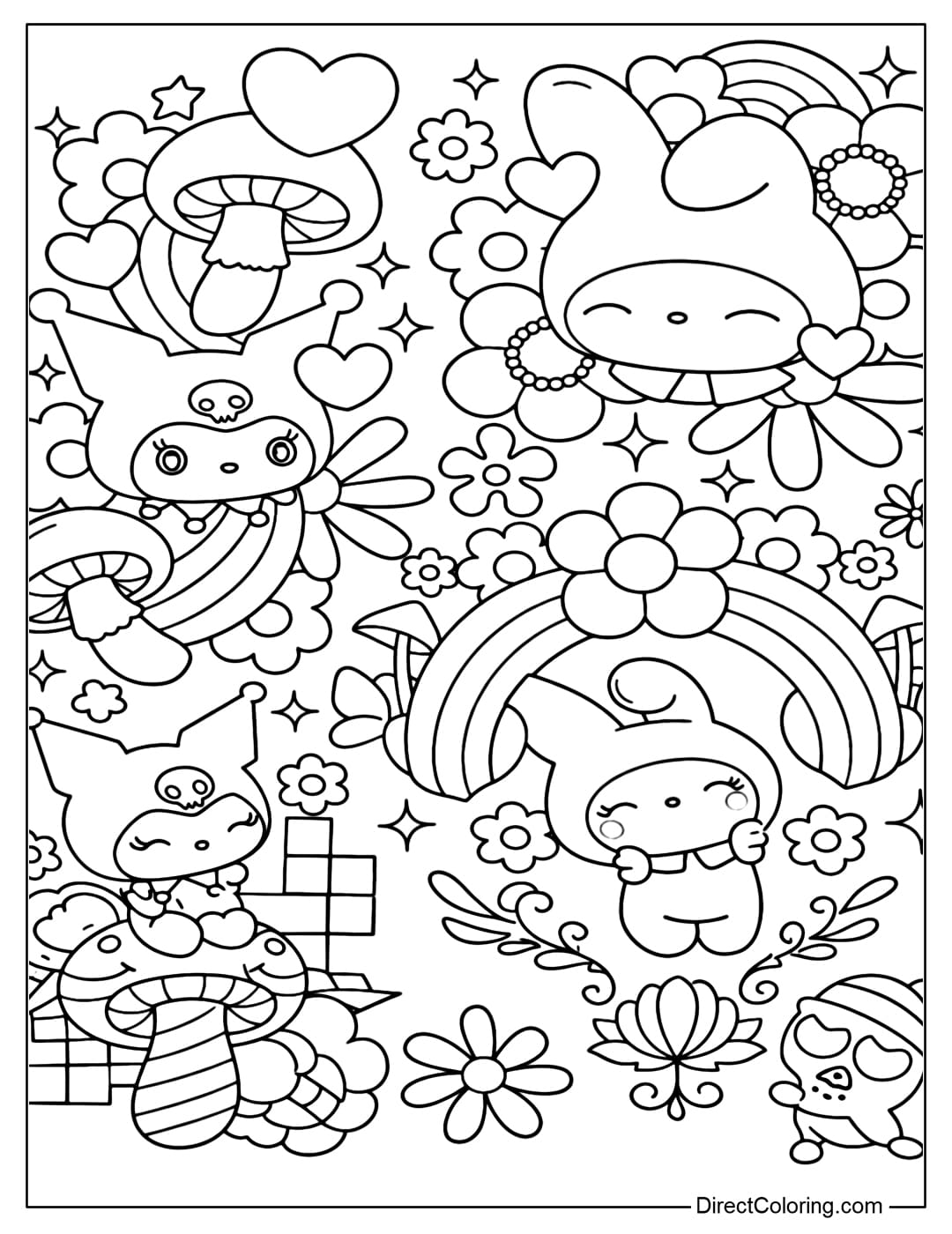 A coloring page of Sanrio characters appearing in a dreamy world with rainbows, flowers, mushrooms, and sparkling details.