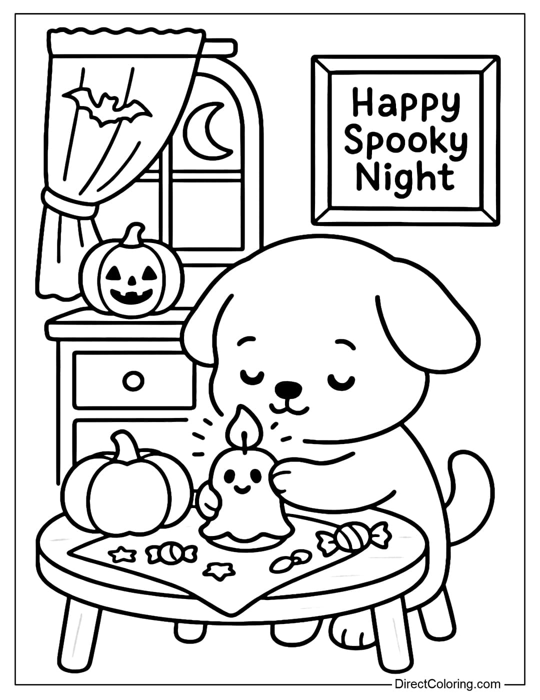 A coloring page of a little puppy lighting a ghost candle that glows softly on a round wooden table in a Halloween room.