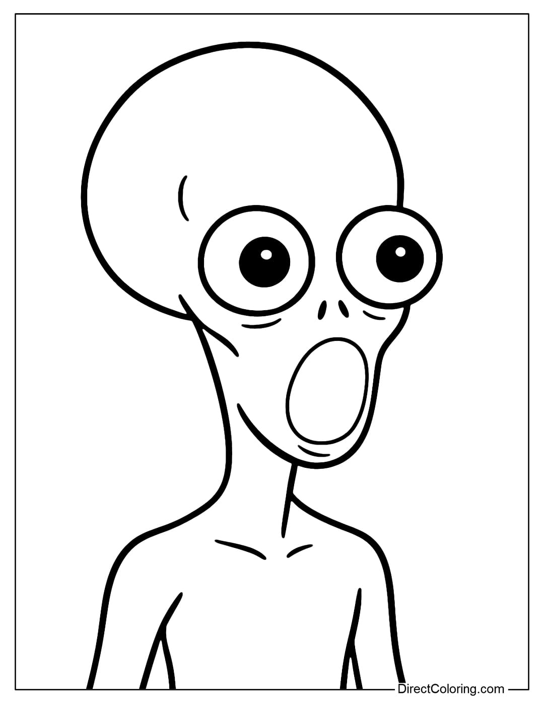 A surprised alien coloring page, bulging eyes, round mouth.