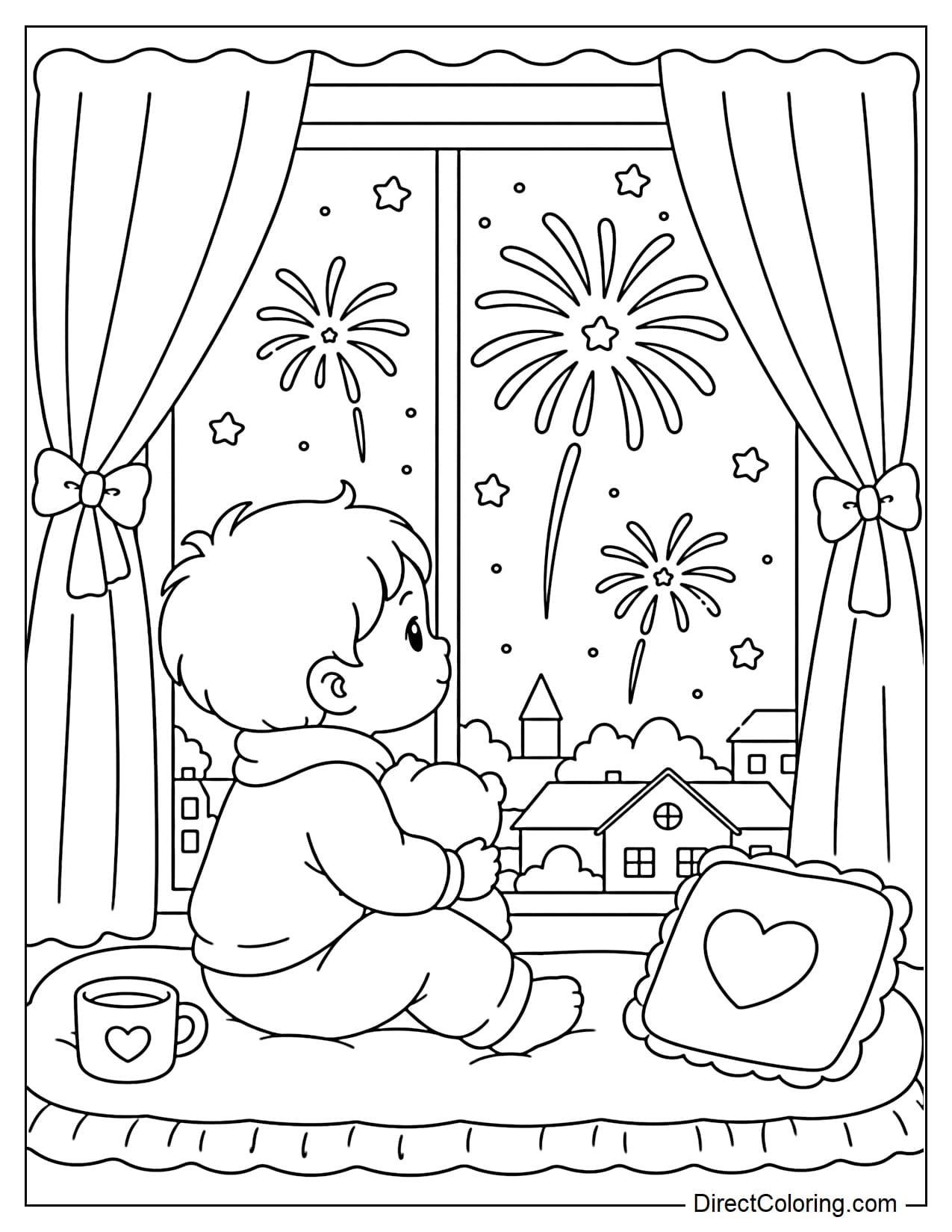 A child sits by the window watching outdoor fireworks, with soft curtains and a few small stars.