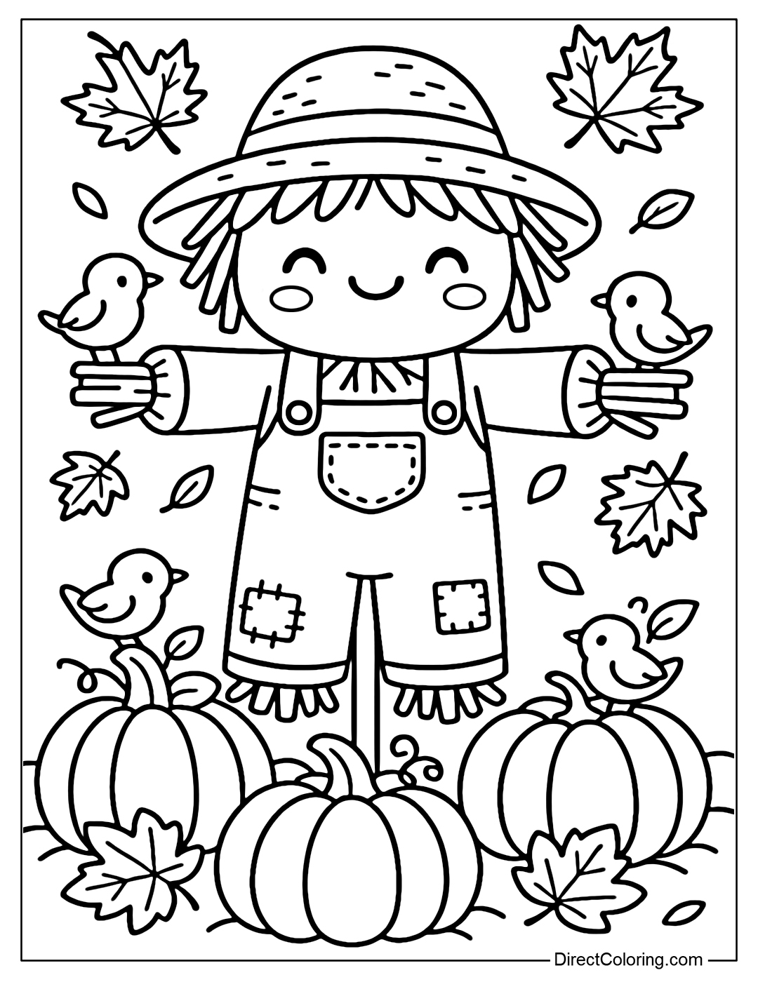 A scarecrow coloring page standing in a field of ripe pumpkins, surrounded by fallen maple leaves and a few roosting sparrows.