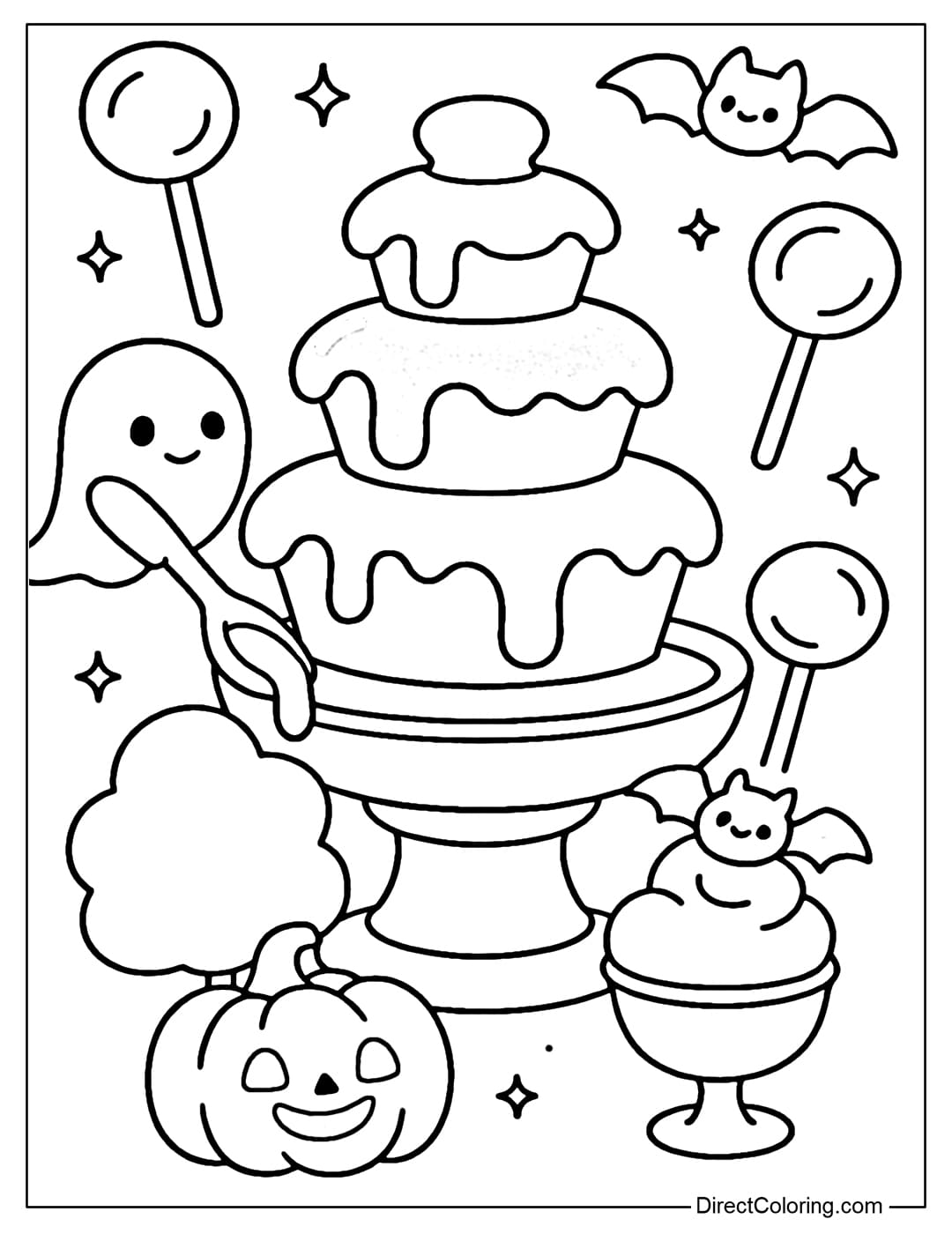 A giant fountain coloring page flowing with caramel and chocolate, surrounded by lollipops and little bats sitting on a cup of ice cream.
