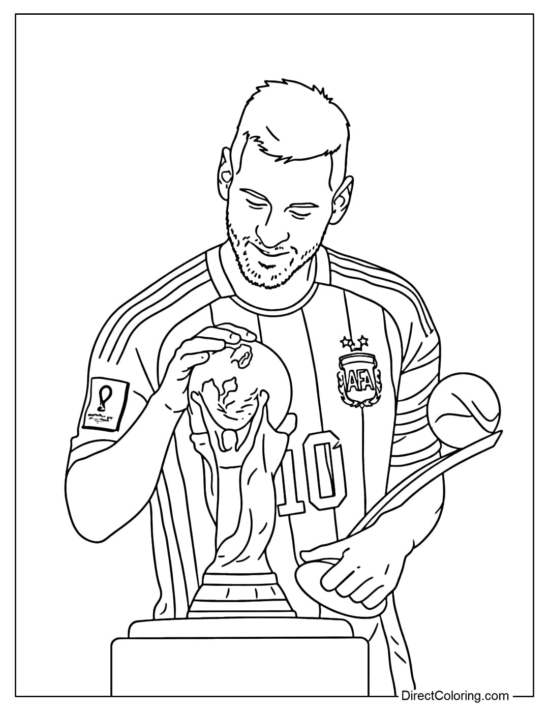 A coloring page of Messi affectionately touching the World Cup trophy and the Golden Ball award, affirming his legendary status at the 2022 World Cup.