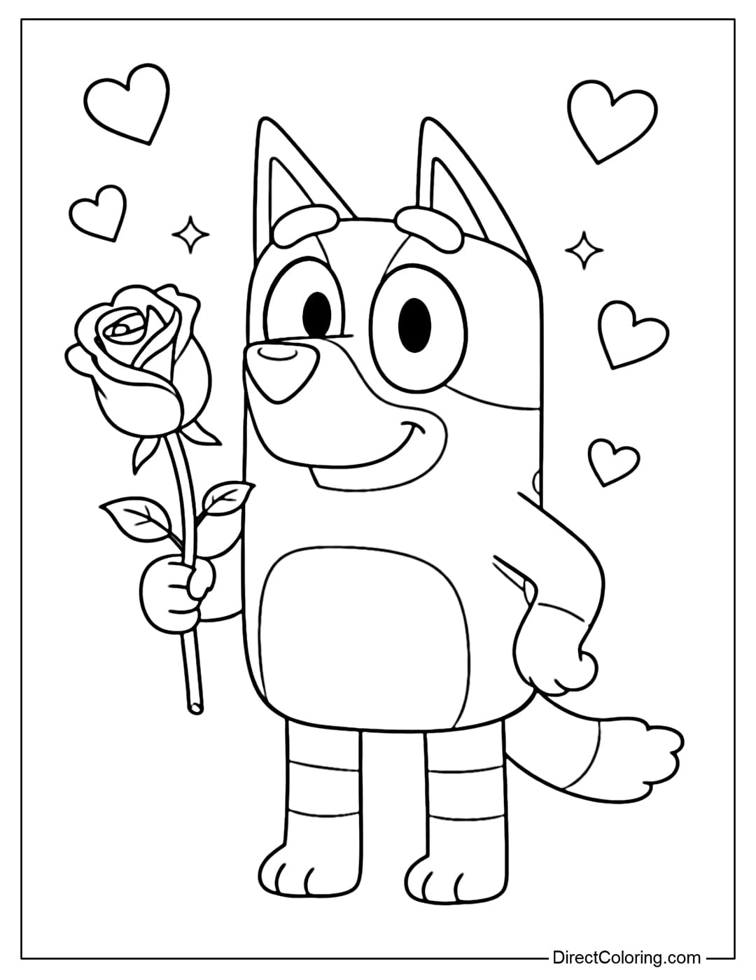 Bluey is smiling gently, holding a large Valentine rose, surrounded by small hearts.
