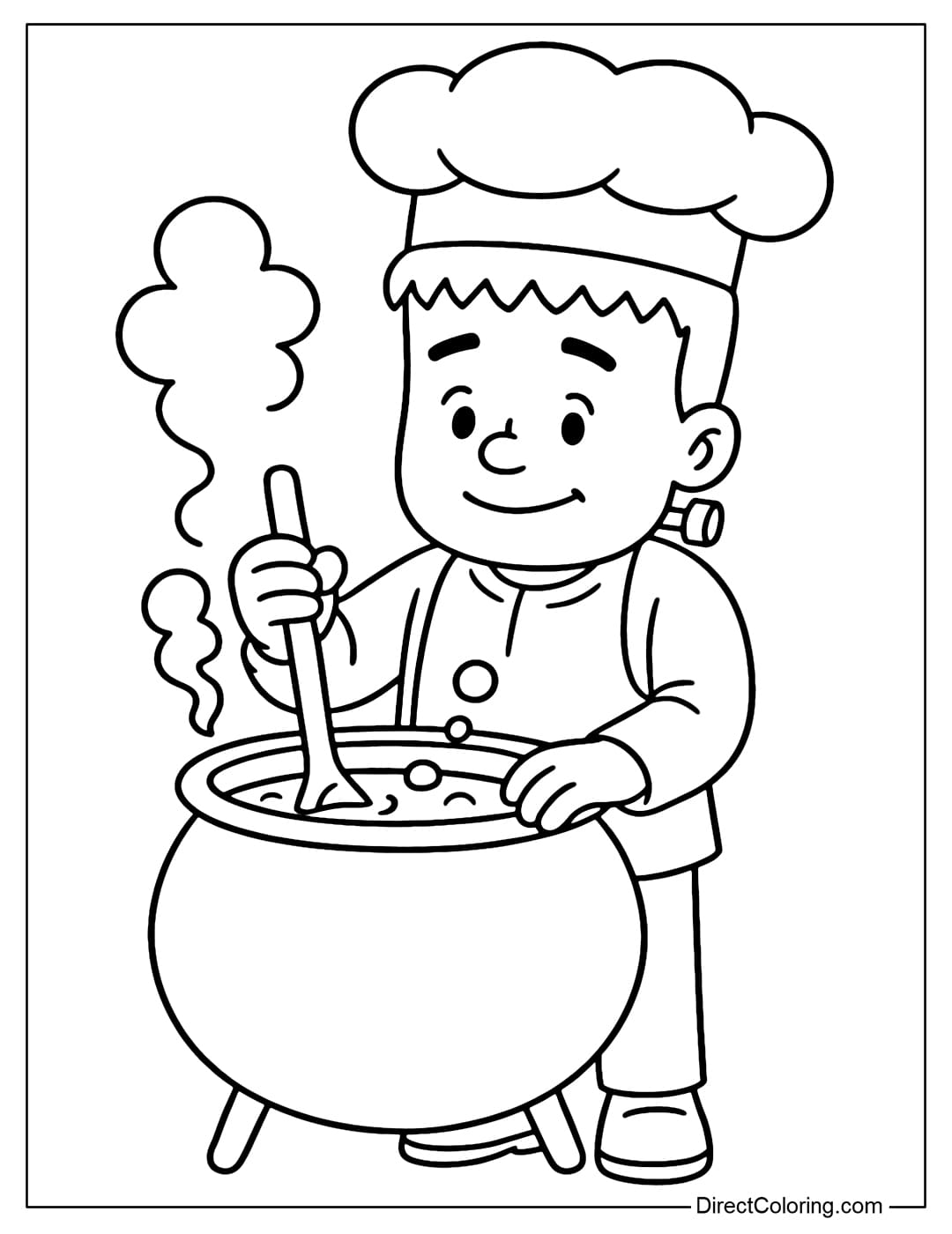 A Frankenstein coloring page wearing a chef's hat, cooking soup in a steaming pot.