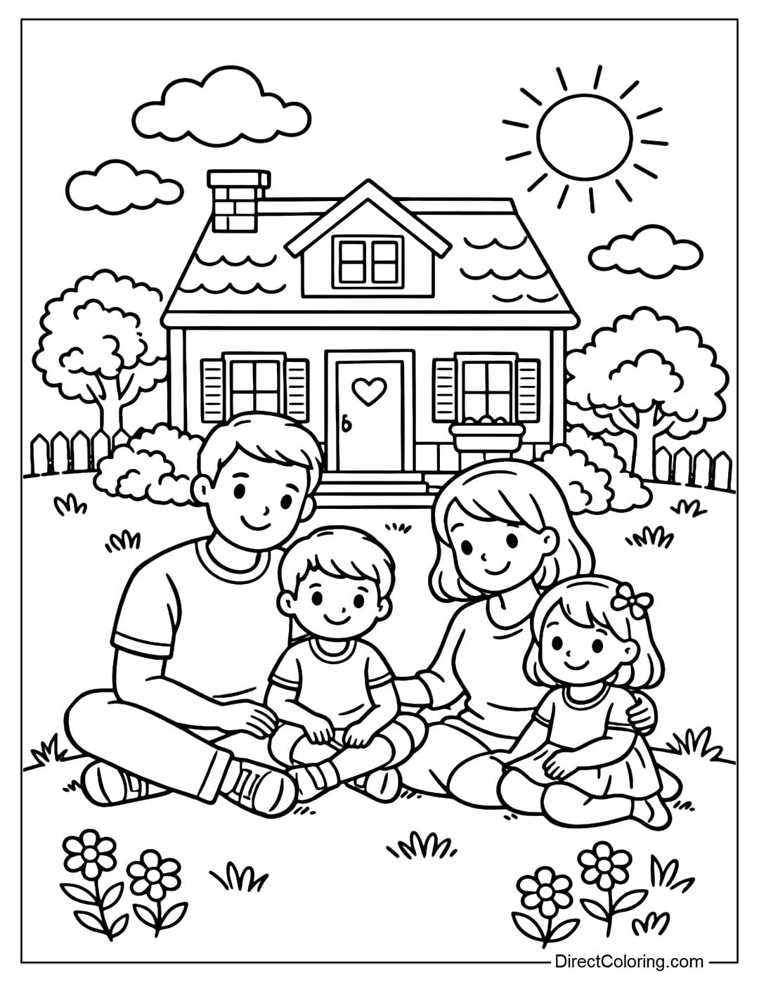 A coloring page of a small family sitting in front of a cozy home.