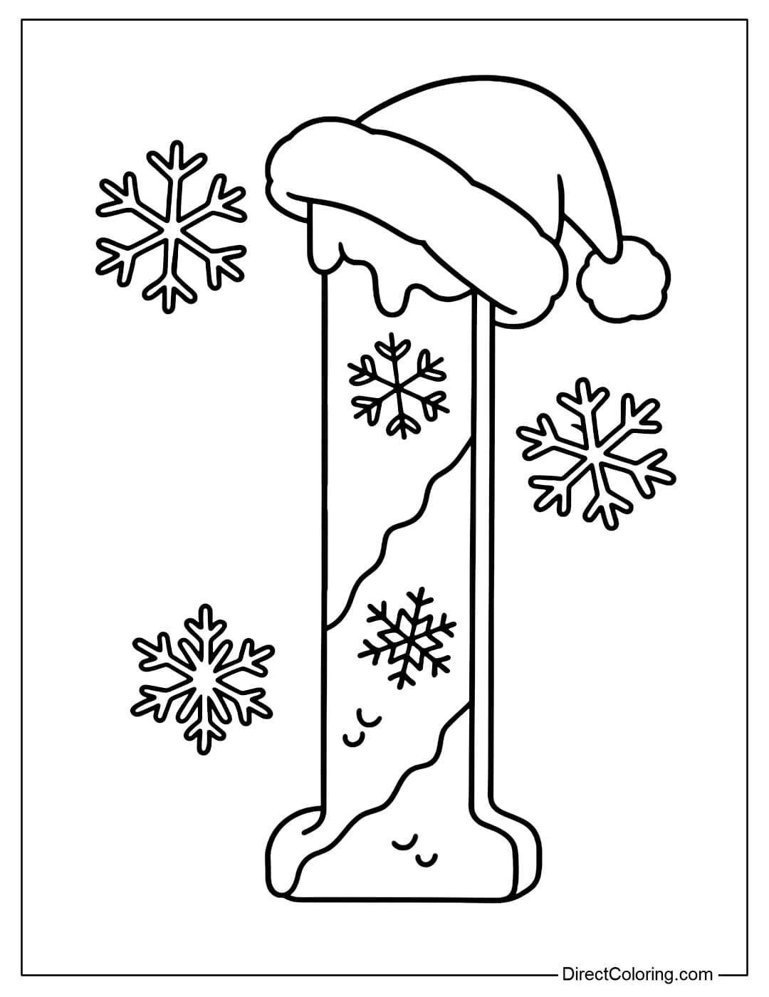 The Letter I Christmas coloring page looks like an upright icicle, with snow patterns, and a tilted Santa hat on top.
