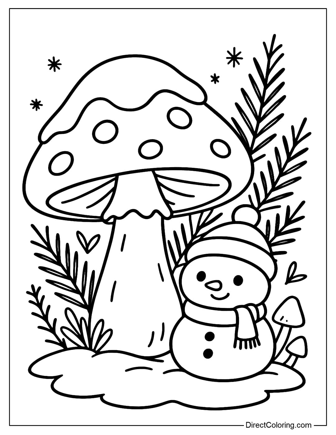 Winter Snow Mushroom Coloring Page A mushroom coloring page covered in white snow, with a cute little snowman and a pine branch next to it.