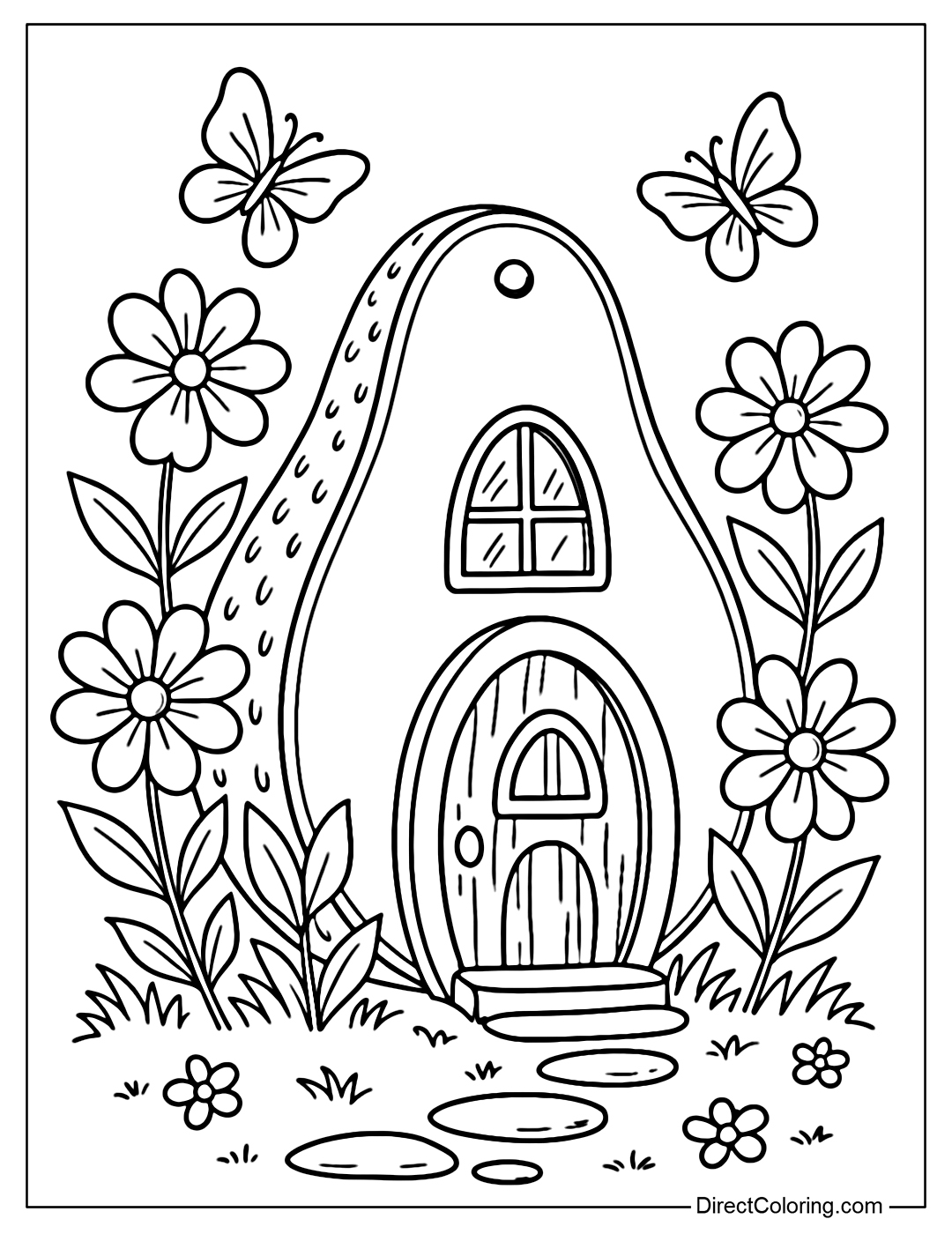A cute avocado-shaped house coloring page, the main door is a large brown avocado seed, with a round arched window above. Around the house are simple blooming flowers, with a few large leaves growing in between.