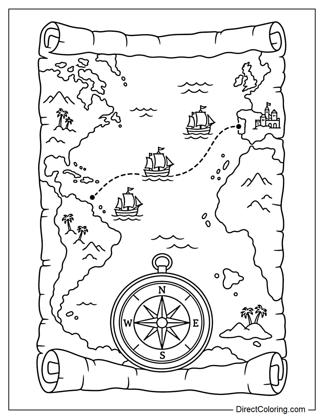 A large old voyage map shows Spain on one side and land across the Atlantic on the other, with a curved route crossing the ocean and three small sailing ships along the journey, plus a large compass below.