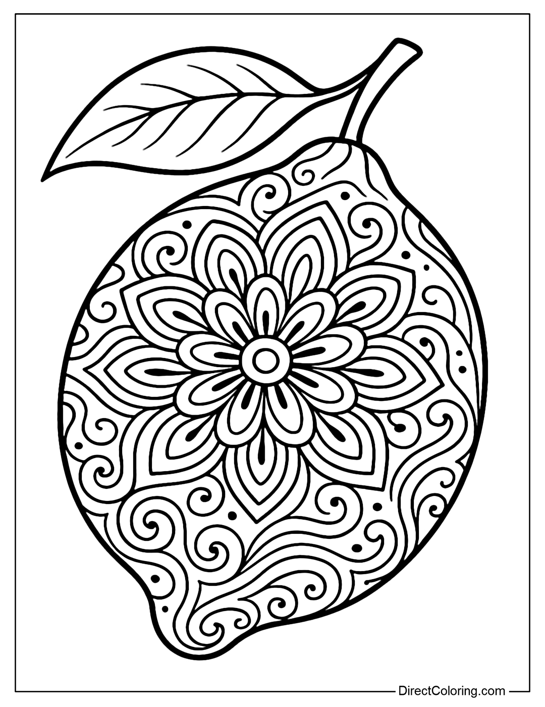 A whole lemon coloring page covered with swirling and symmetrical mandala patterns – including circles, petals, and rhythmic curves 