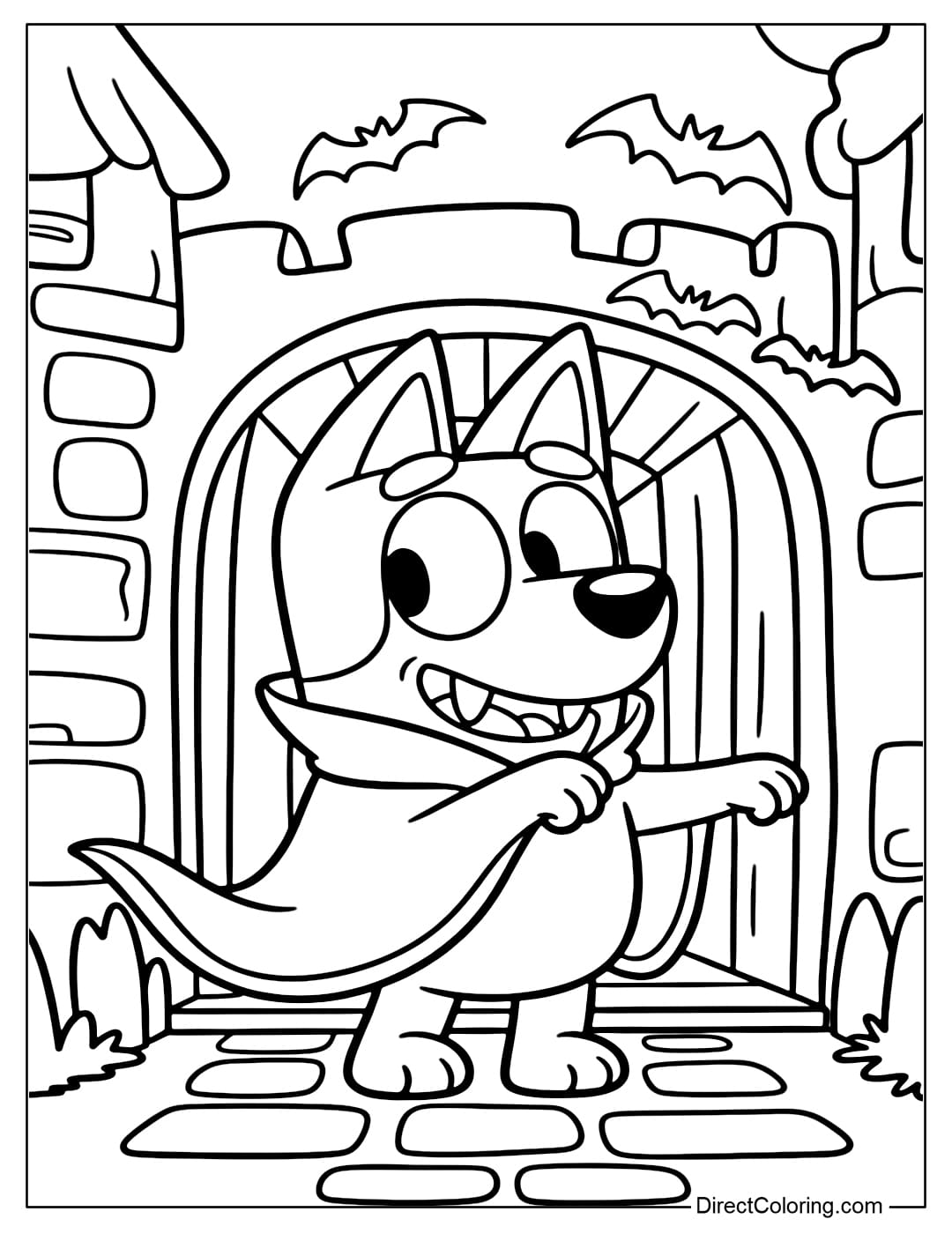 Bluey coloring page wearing a vampire cloak, showing small fangs, with an ancient castle in the background.