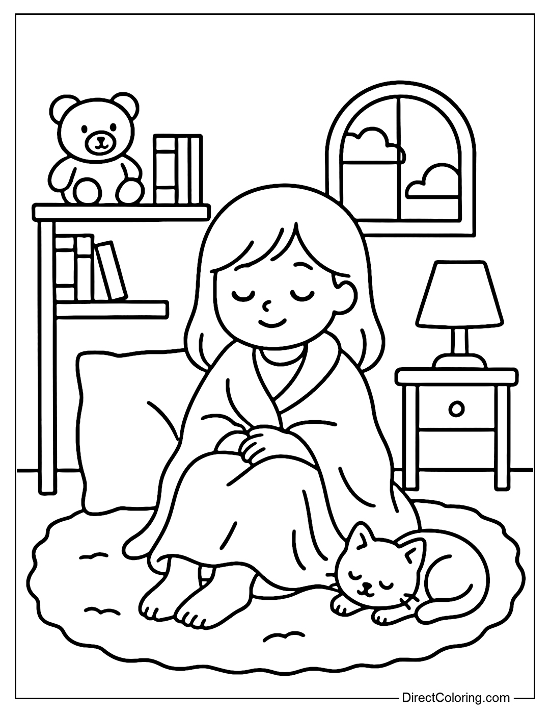 A coloring page of a girl in a small, cozy corner of a room with a bookshelf, a teddy bear, a night light, a soft blanket, and maybe a pet. The space evokes a sense of safety and peace.