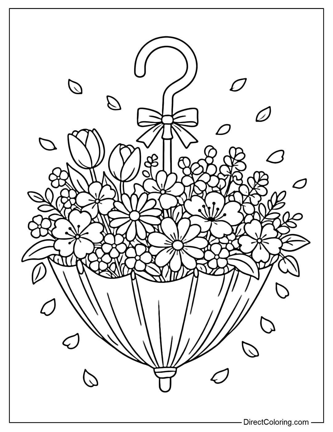 A coloring page featuring a sunflower-shaped umbrella with evenly spread petals and a round center.