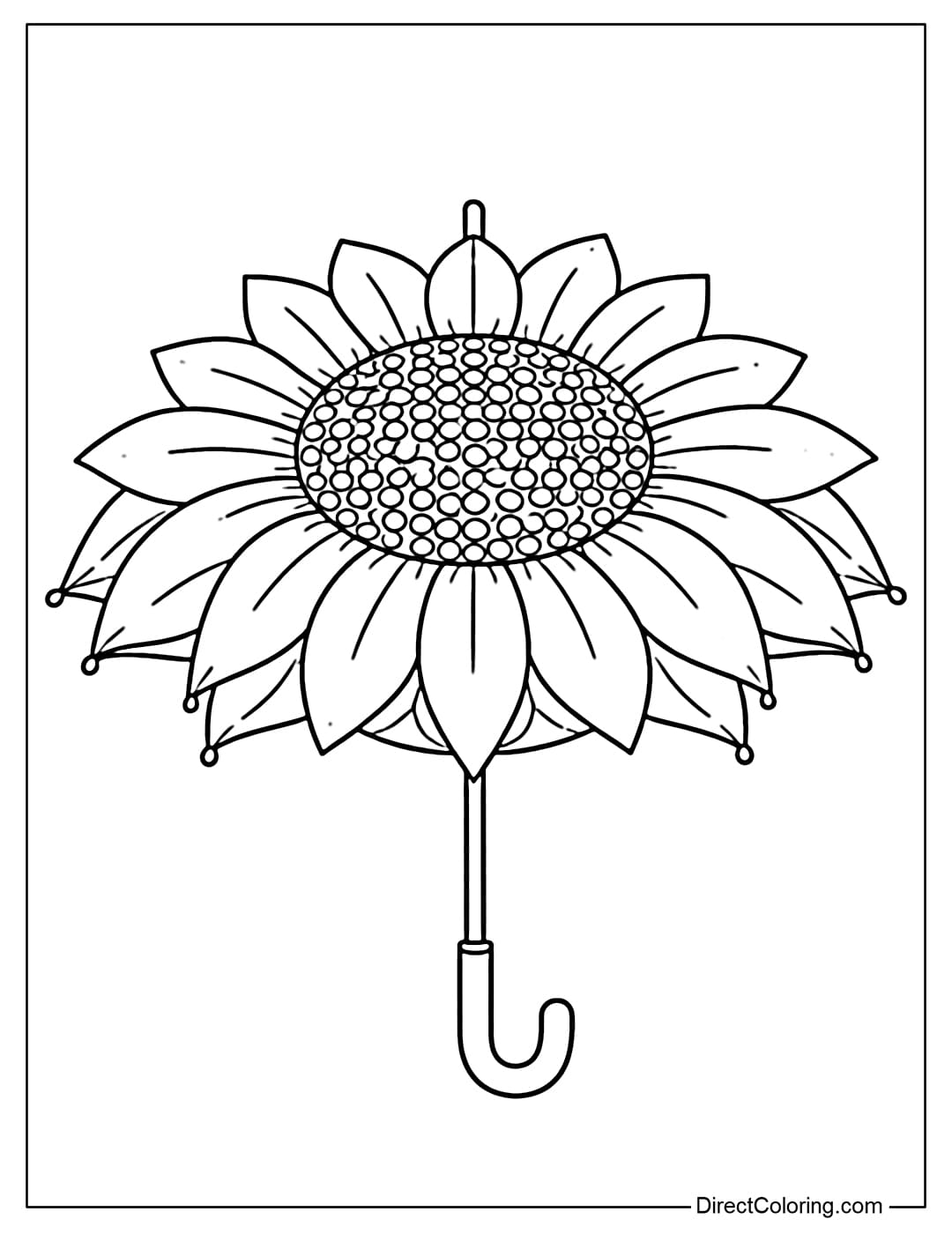 A coloring page of a sunflower-shaped umbrella with petals spread out around the center and a round center.
