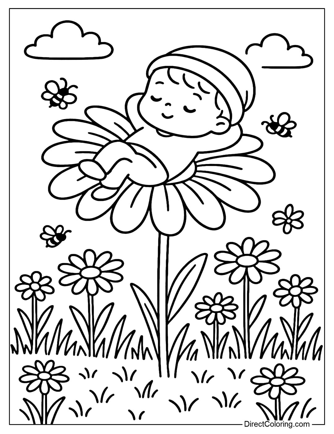 A coloring page of a baby resting on a giant white daisy.