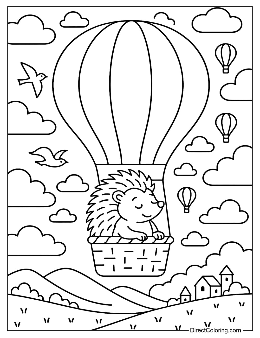Hedgehog Balloon Ride Coloring Page Coloring page of a hedgehog sitting in a hot air balloon flying in the sky.