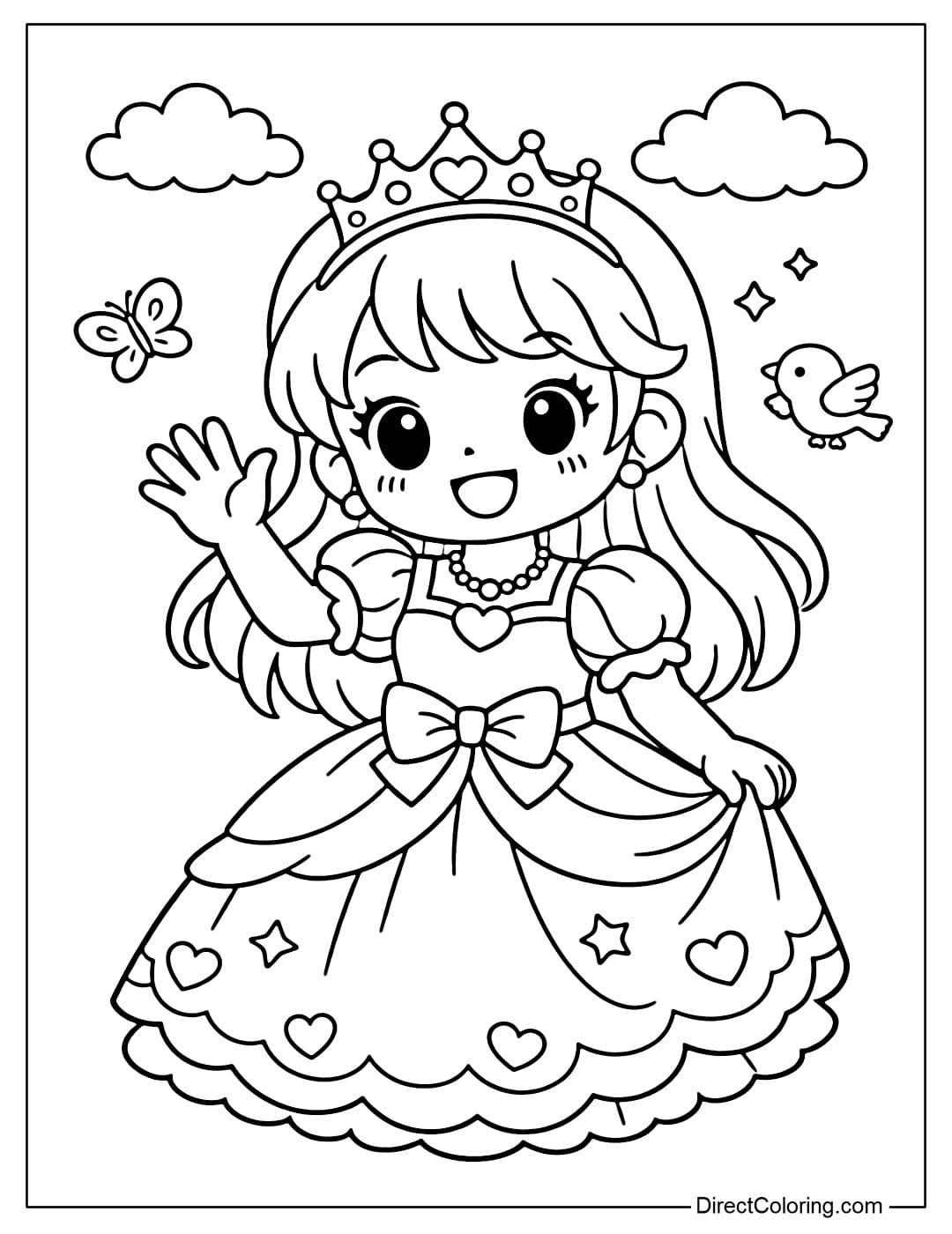 A coloring page featuring a cute princess waving hello with a happy face.