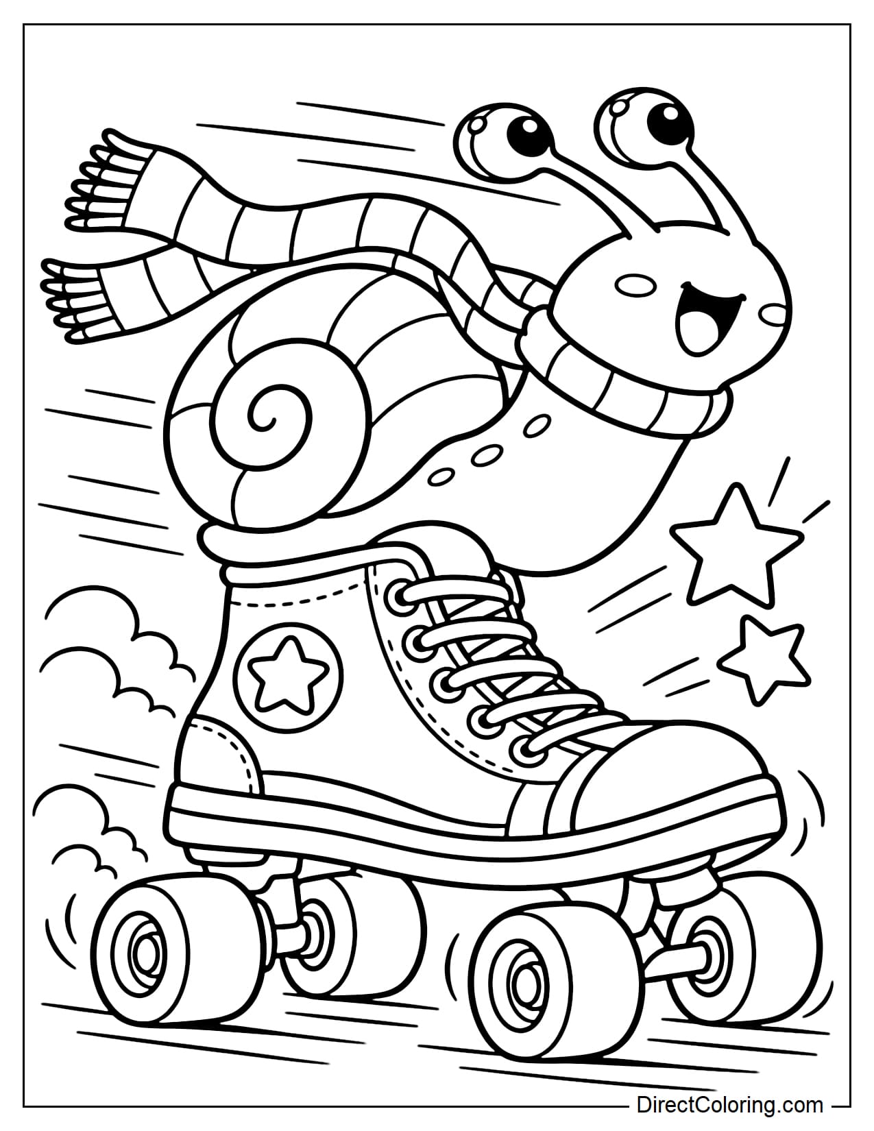 A chubby snail riding a giant roller skate at high speed, leaning forward with its eye stalks swept backward and its scarf fluttering in the wind.