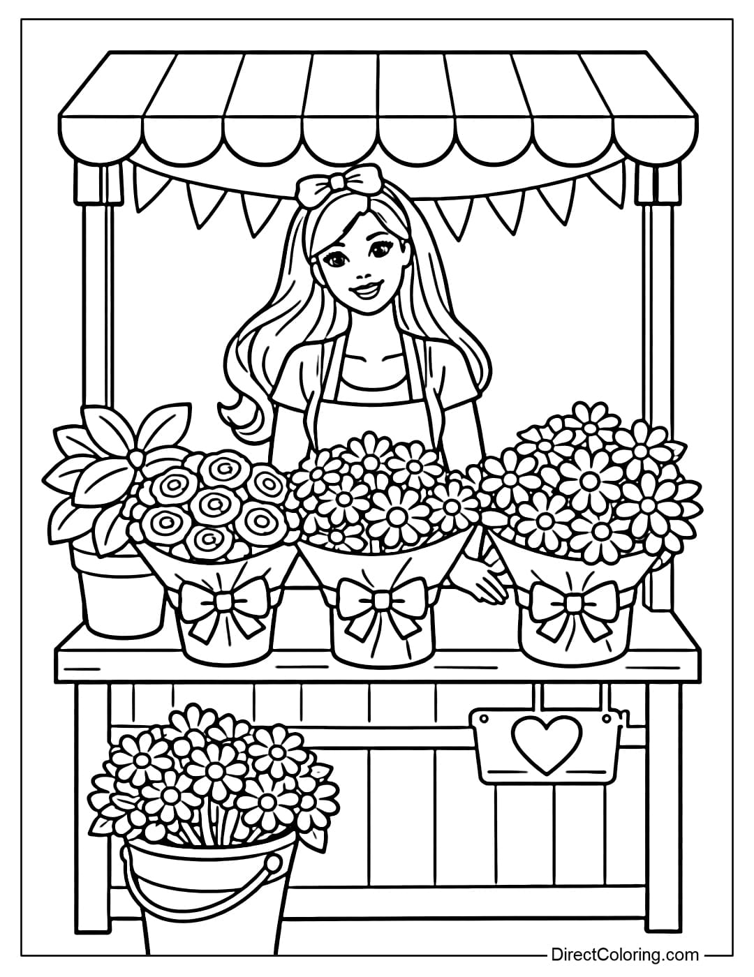 Barbie is a florist standing next to a small flower stand with several large bouquets.