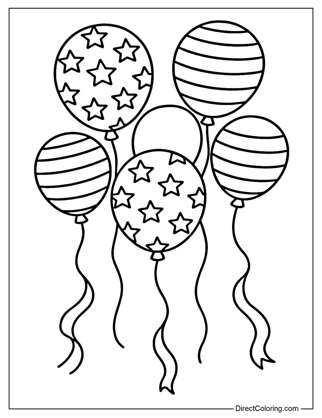 Coloring page of many American Stars and Stripes balloons with ribbons floating gently.