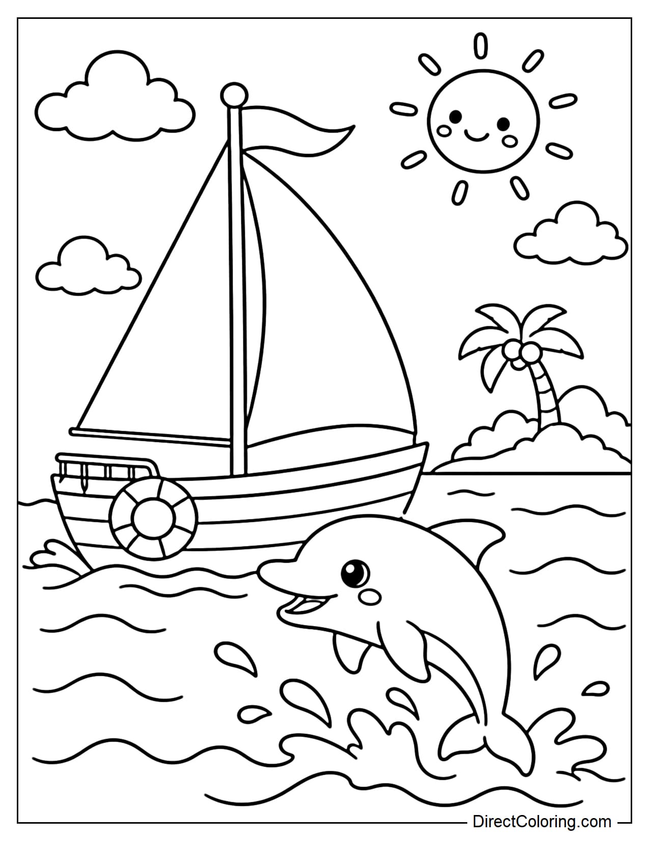 A dolphin surfaces next to a simple sailboat gliding across the sea.
