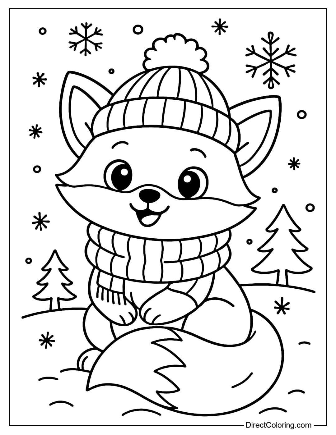 Coloring page of a little fox wrapped in a scarf, wearing a woolen hat, sitting in the middle of a white snowy background, surrounded by a few snowflakes and a small pine tree.
