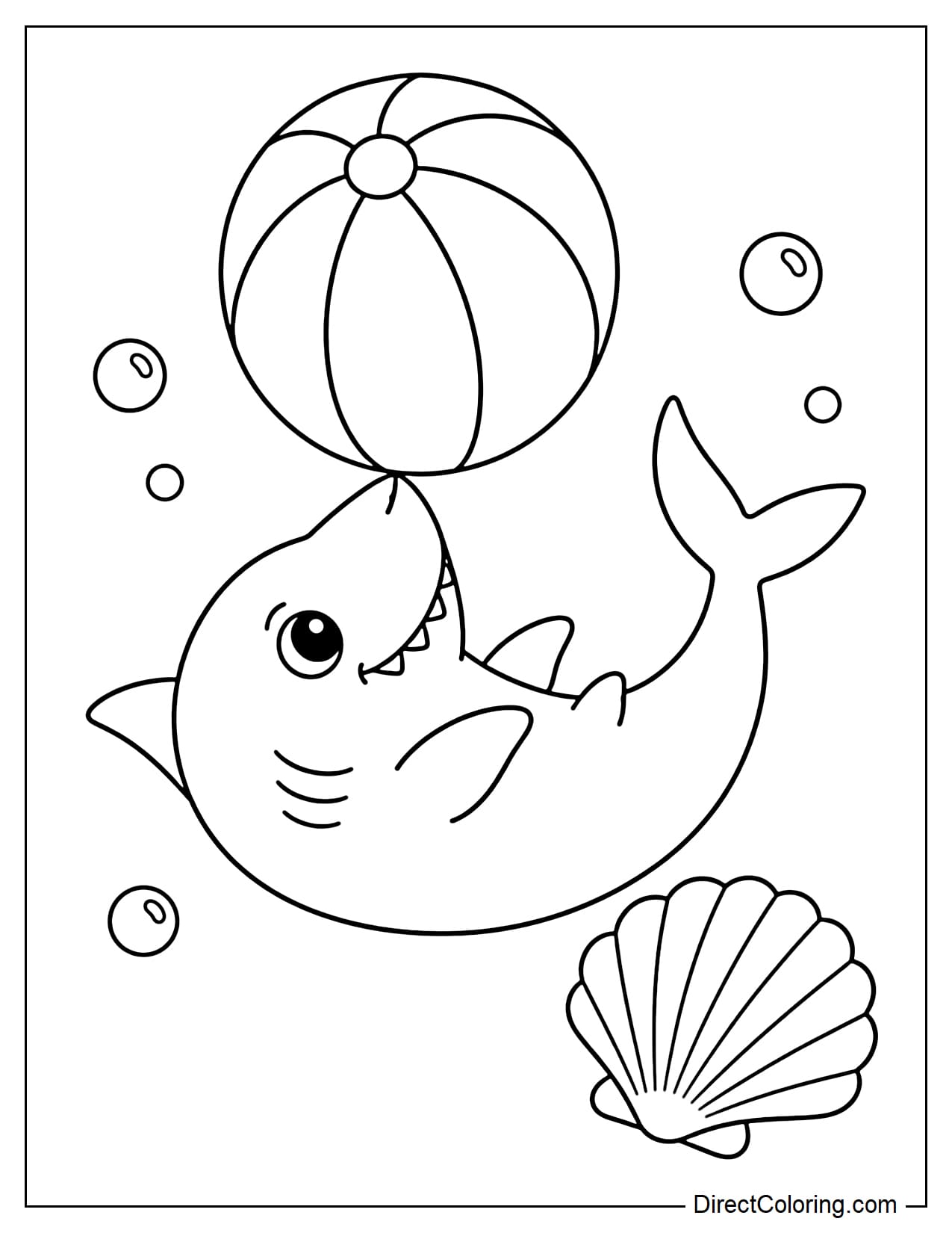 A shark is lying on its back in the water, using its nose to push a large beach ball, its tail playfully curled up. Several bubbles and a large seashell surround it.