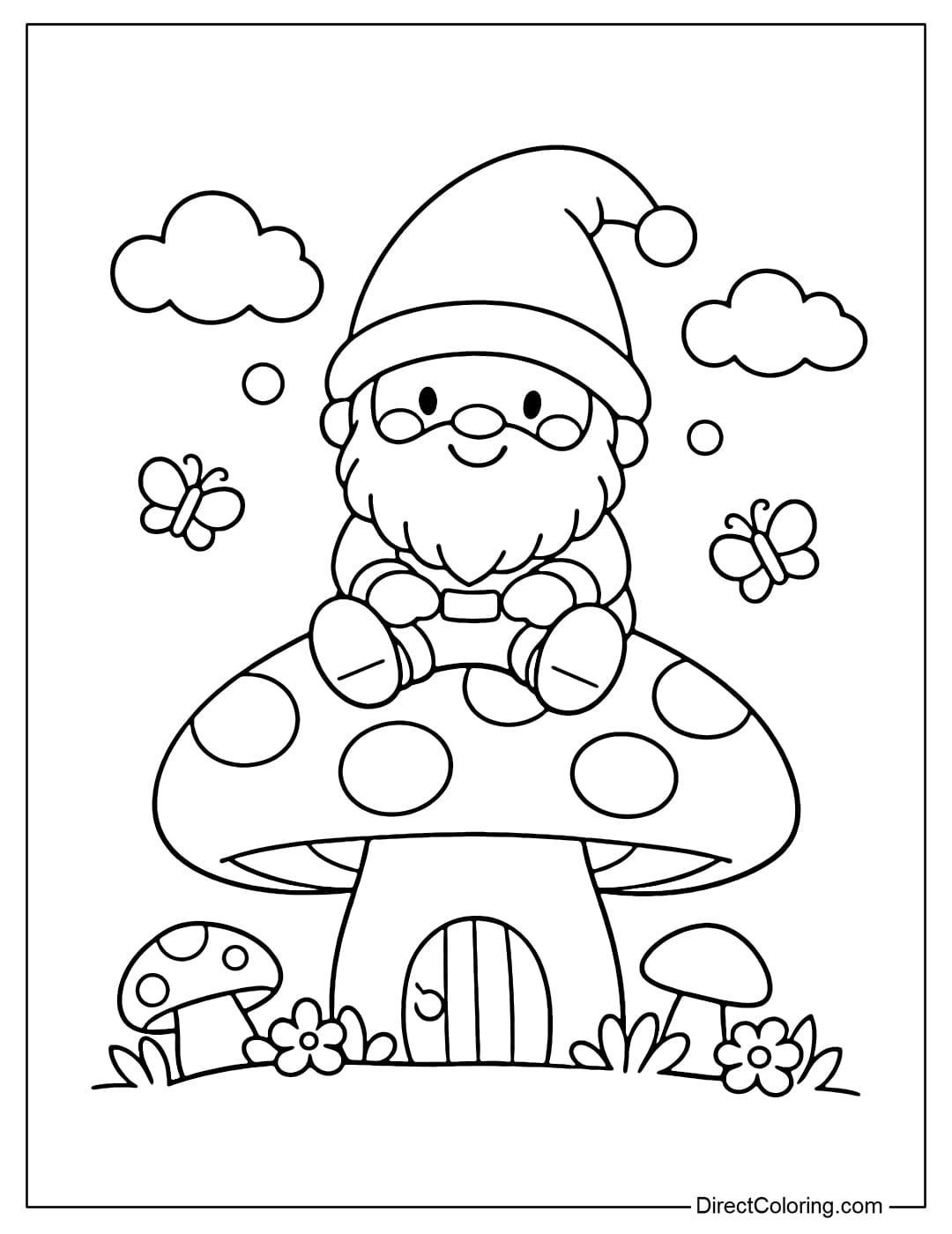 Coloring page of a gnome sitting on a large mushroom.