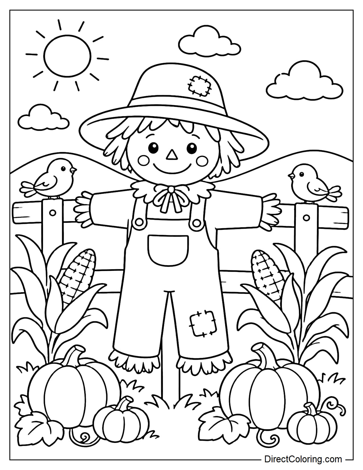 A smiling scarecrow stands in the middle of a field, wearing a wide-brimmed hat, surrounded by corn, small pumpkins, and sparrows perched on a fence.