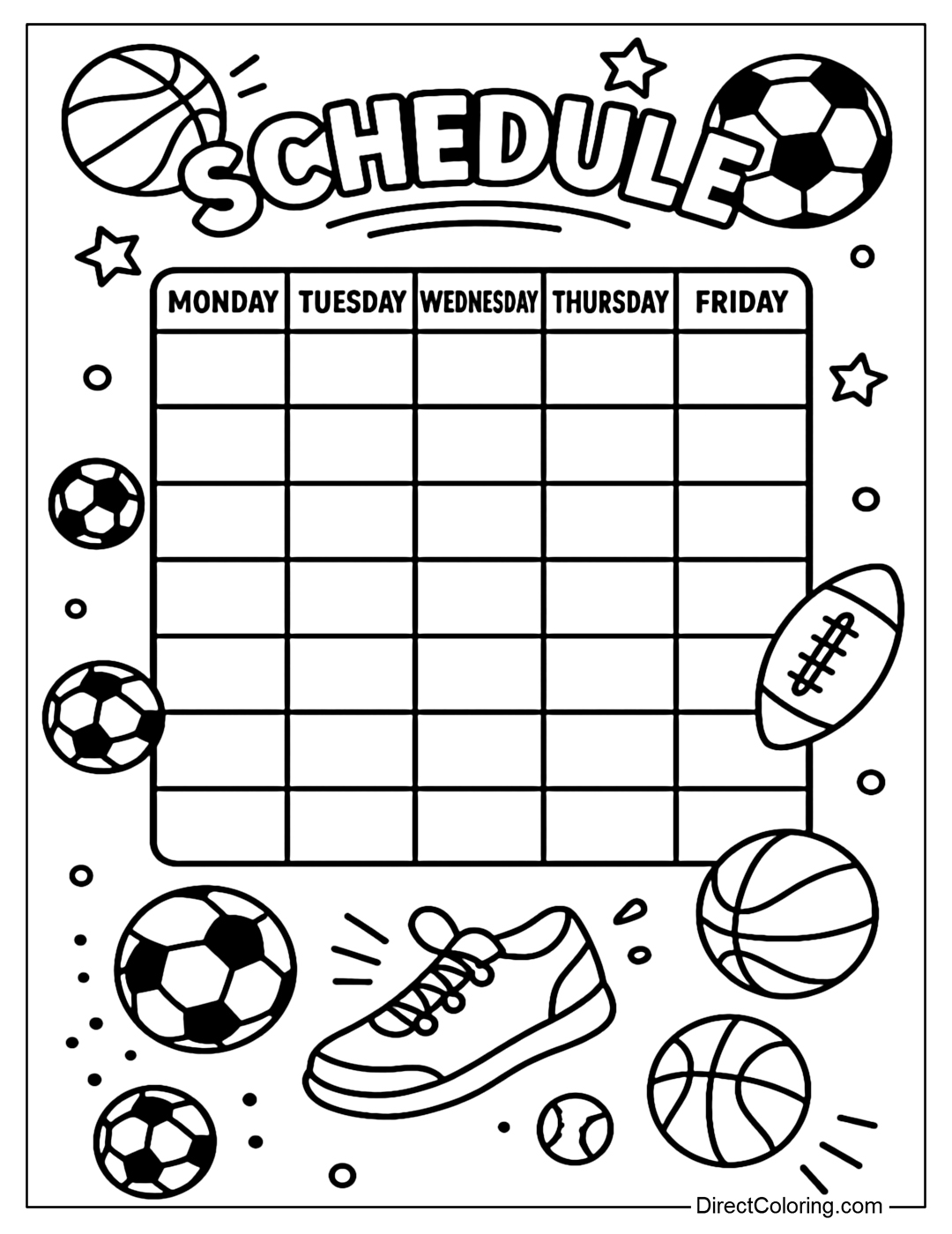 A sports schedule coloring page for those who love soccer, basketball and sports.